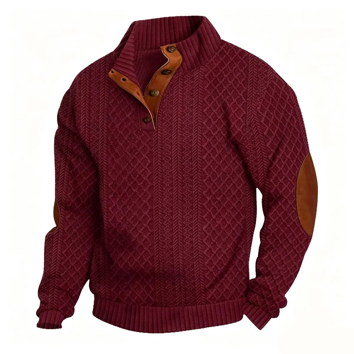 ⌛Men's Stand Collar Jacquard Knit Sweater, Micro Stretch 100% Polyester Elbow Patch Long Sleeve Top