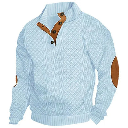⌛Men's Stand Collar Jacquard Knit Sweater, Micro Stretch 100% Polyester Elbow Patch Long Sleeve Top