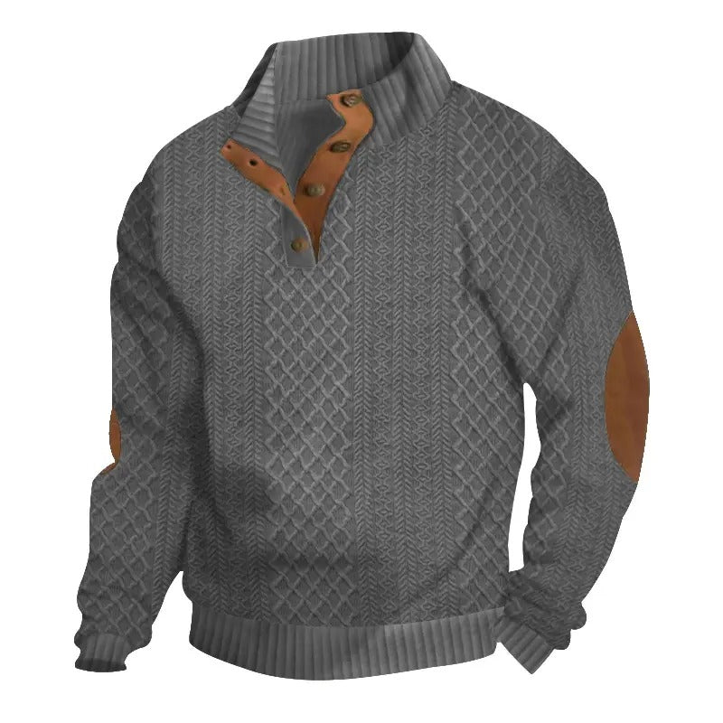 ⌛Men's Stand Collar Jacquard Knit Sweater, Micro Stretch 100% Polyester Elbow Patch Long Sleeve Top