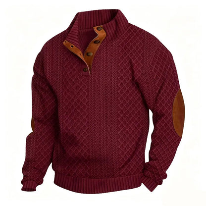 ⌛Men's Stand Collar Jacquard Knit Sweater, Micro Stretch 100% Polyester Elbow Patch Long Sleeve Top