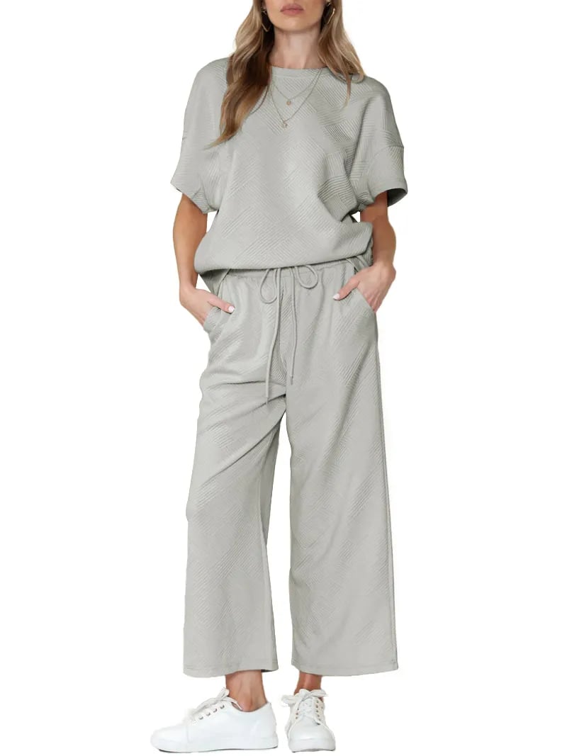 ⏰Women's Textured Loose Fit T Shirt and Drawstring Pants Casual Set