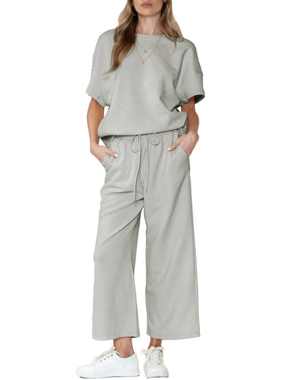 ⏰Women's Textured Loose Fit T Shirt and Drawstring Pants Casual Set