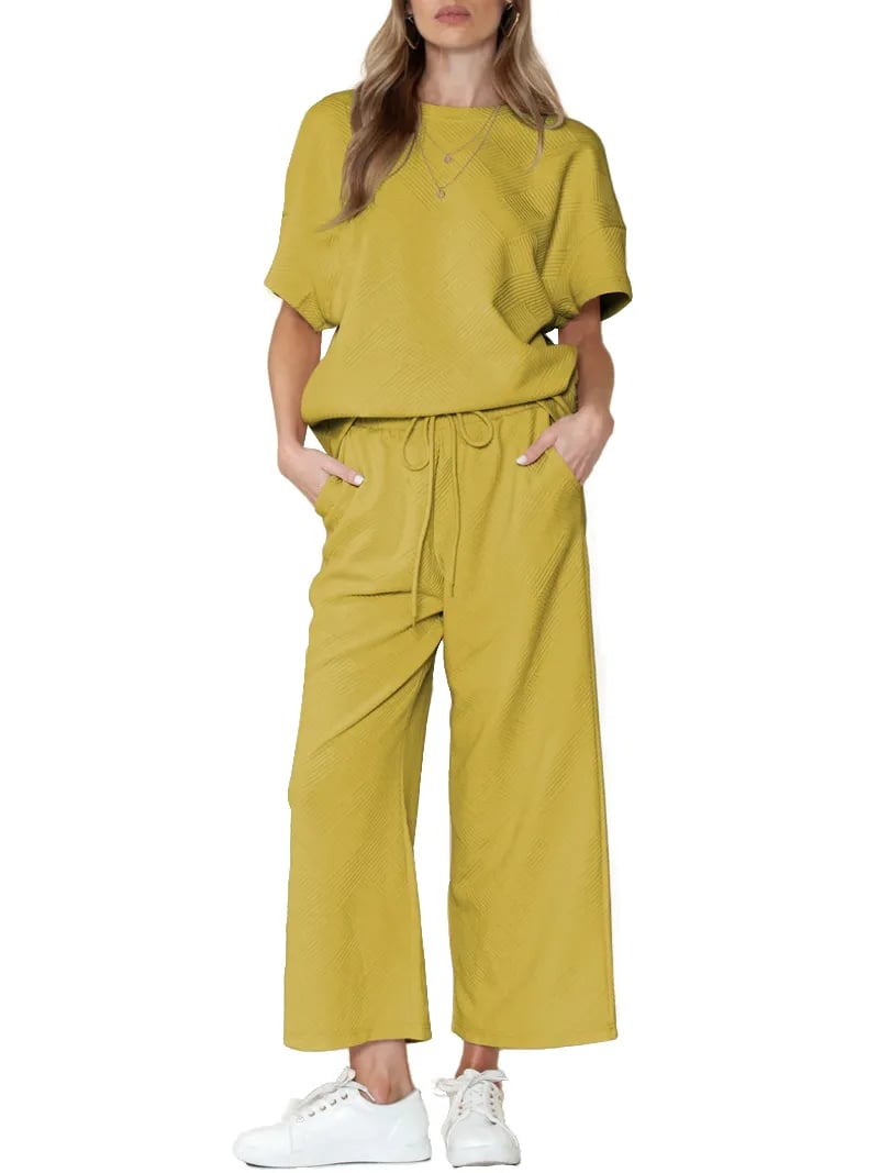 ⏰Women's Textured Loose Fit T Shirt and Drawstring Pants Casual Set