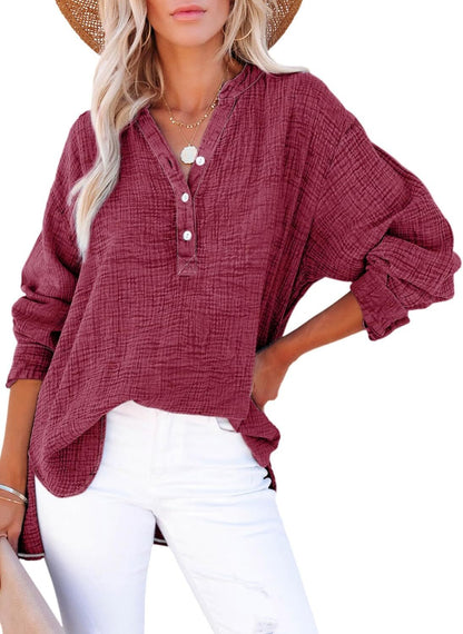 🌿 Women’s Lightweight Gauze Button Neck Oversized Long Sleeve Shirt ☀️
