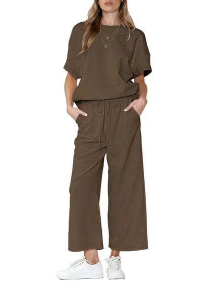 ⏰Women's Textured Loose Fit T Shirt and Drawstring Pants Casual Set