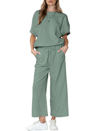 ⏰Women's Textured Loose Fit T Shirt and Drawstring Pants Casual Set