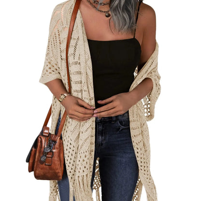 ✨ Women's Oversized Open Front Crochet Knit Cardigan 🌸 – Lightweight Tassel Kimono 💕