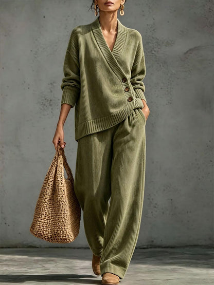 ✨ Women's Ribbed Knit Two-Piece Lounge Set with Asymmetric Buttons 🤎